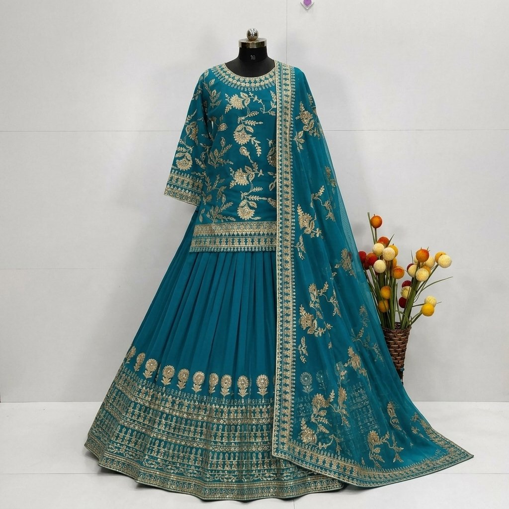 Peacock Blue Bridal Wear Heavy Roman Silk Lehenga