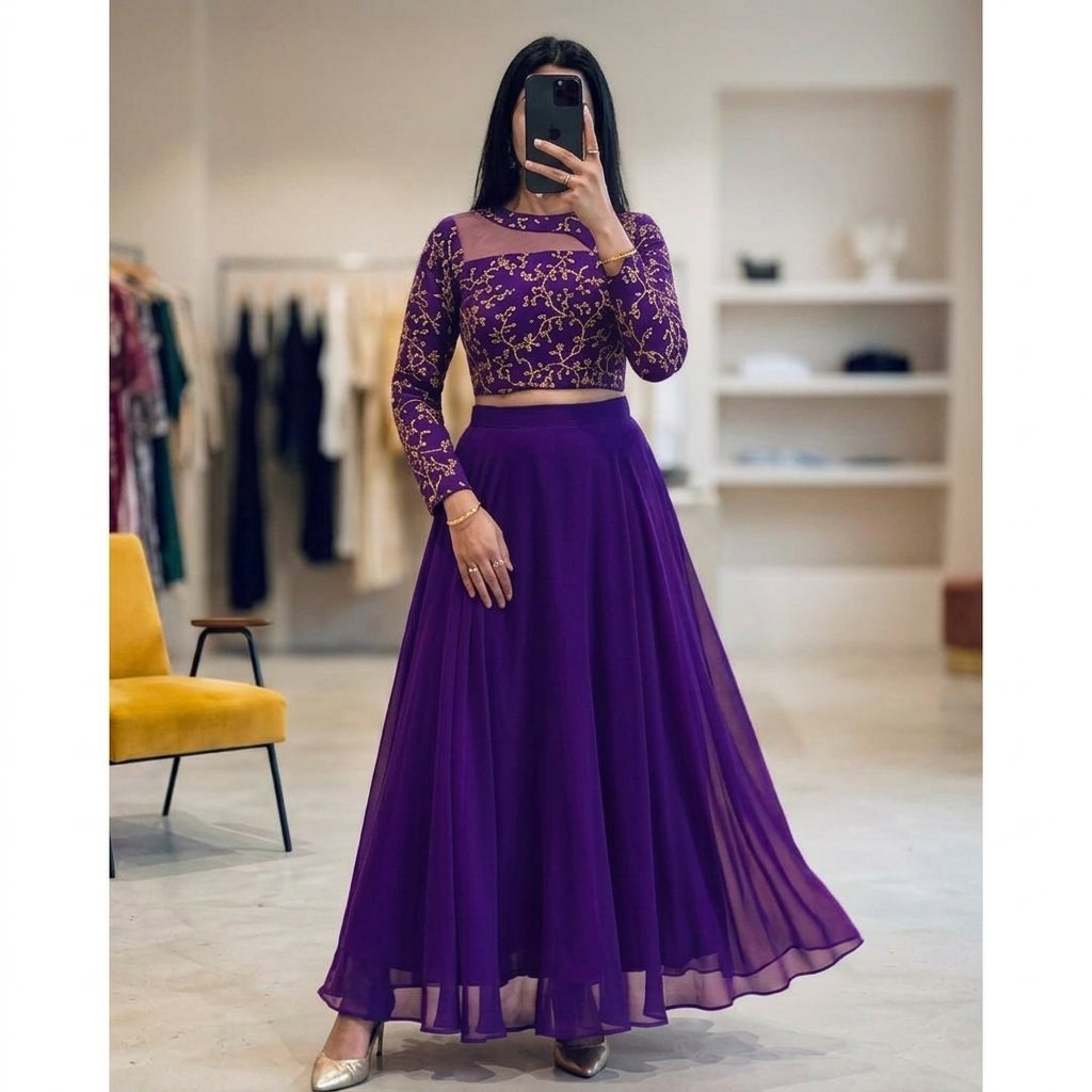 Magenta Ishika Georgette Embroidered Two-Piece Lehenga Set