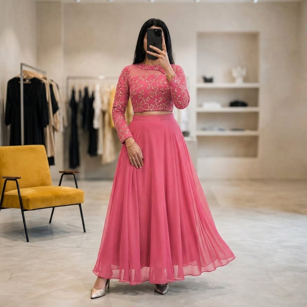 Magenta Ishika Georgette Embroidered Two-Piece Lehenga Set