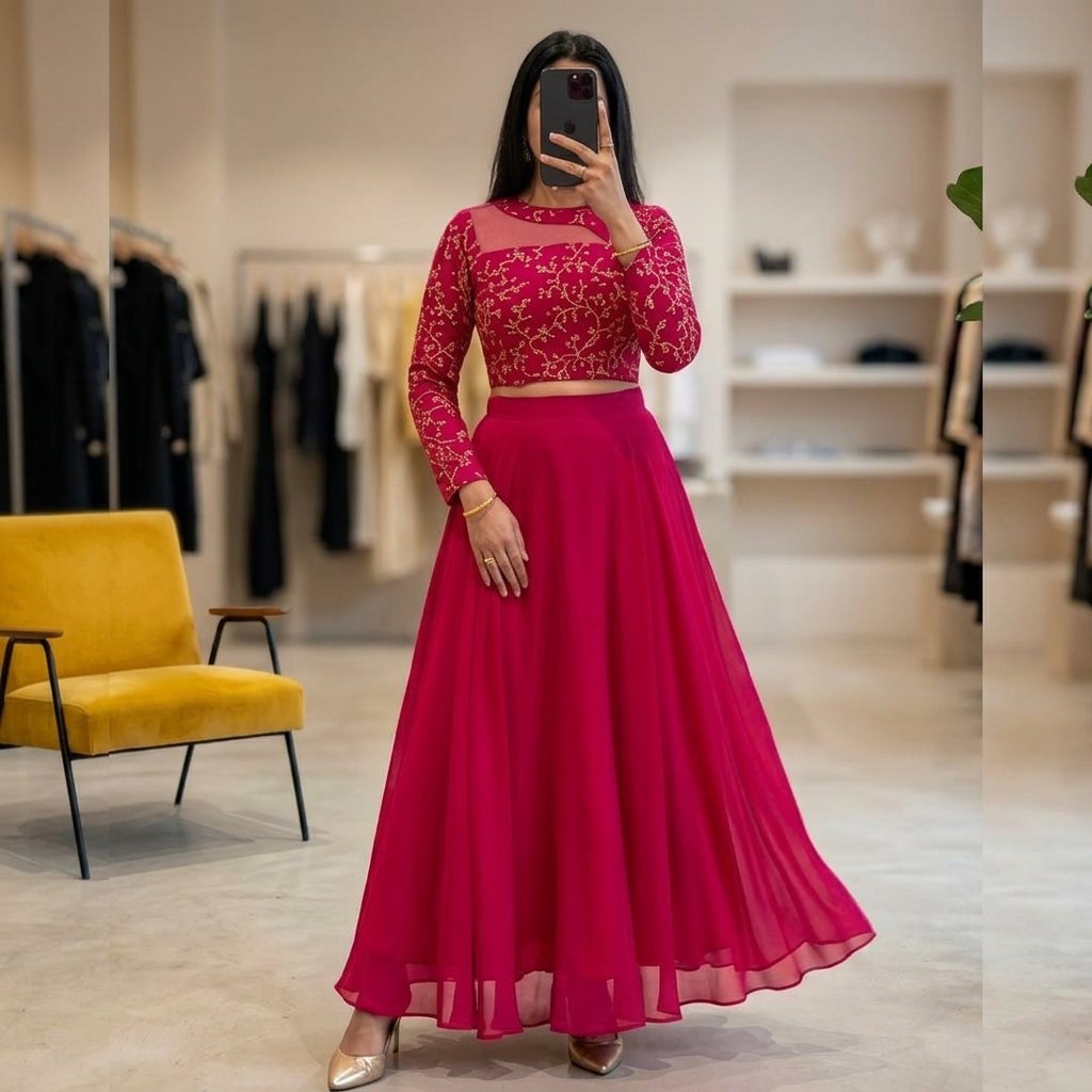 Magenta Ishika Georgette Embroidered Two-Piece Lehenga Set