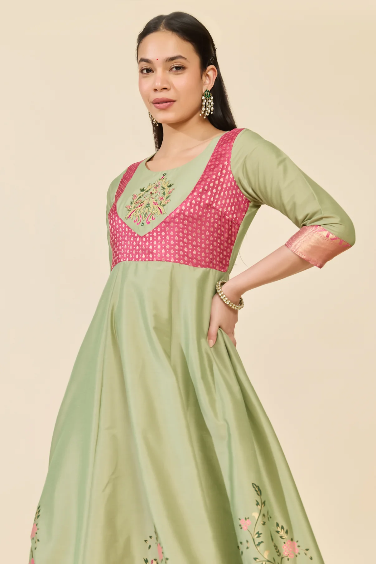 Green Anarkali With Pink Florals