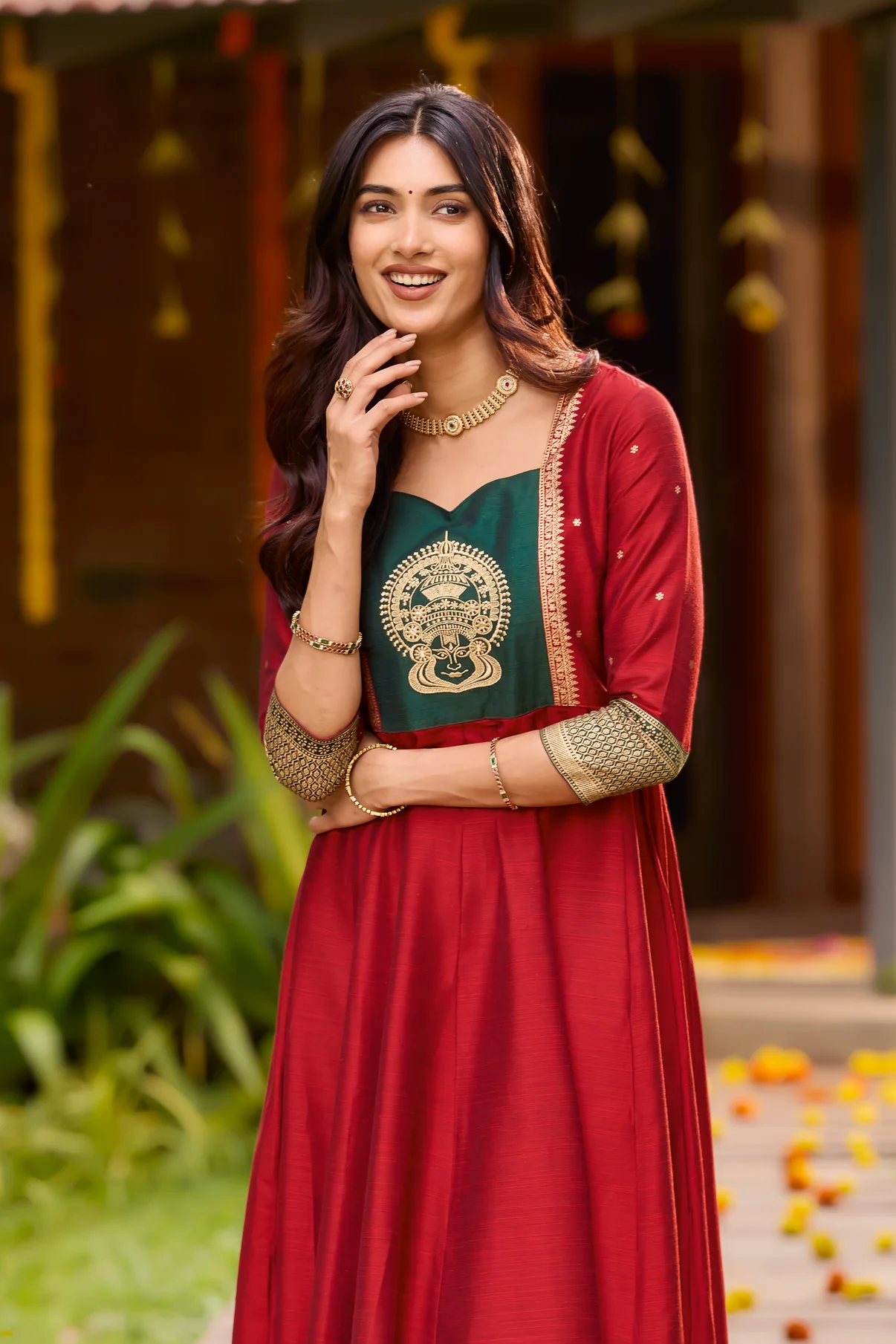 Red & Green Kathakali Embroidered Anarkali