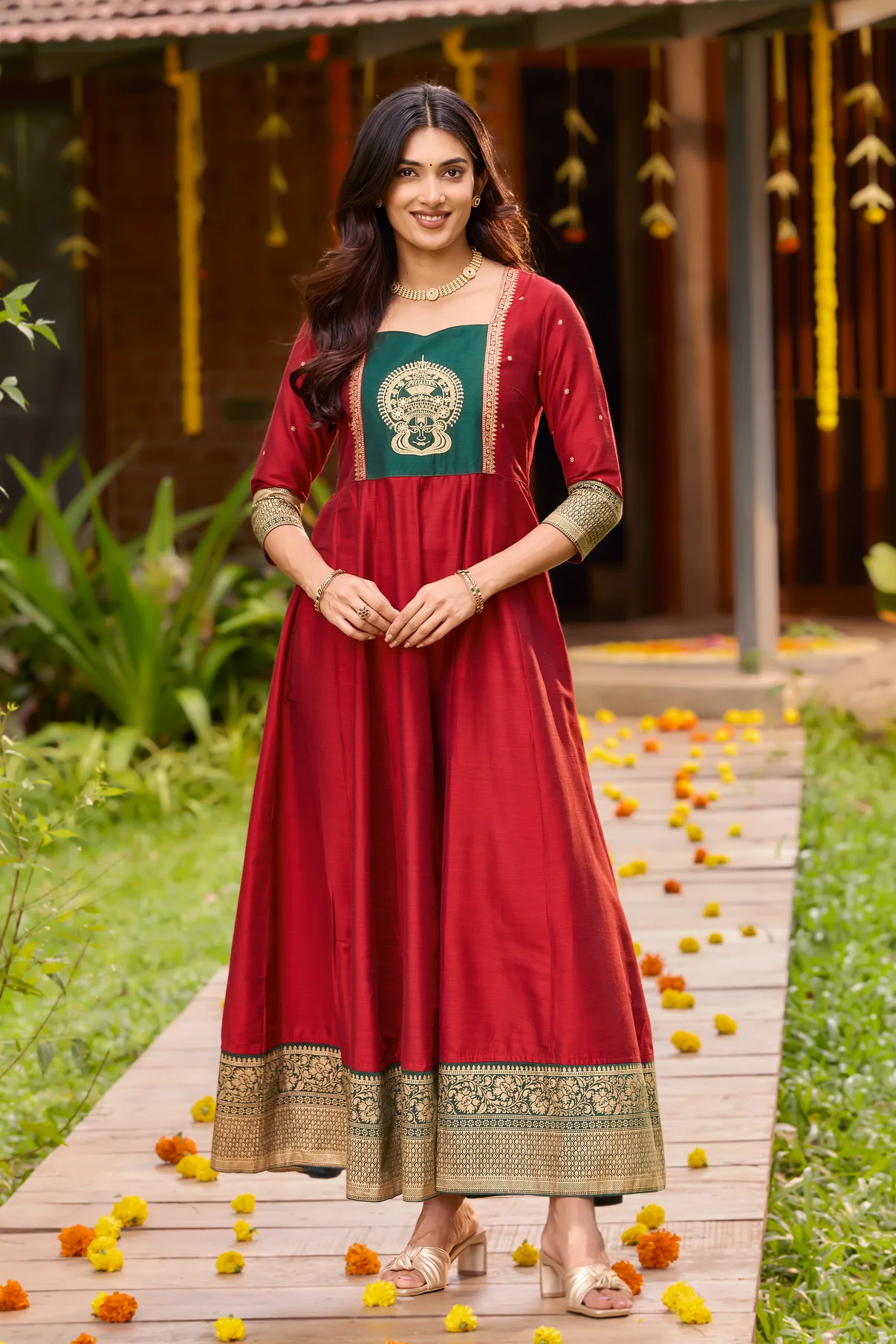 Red & Green Kathakali Embroidered Anarkali