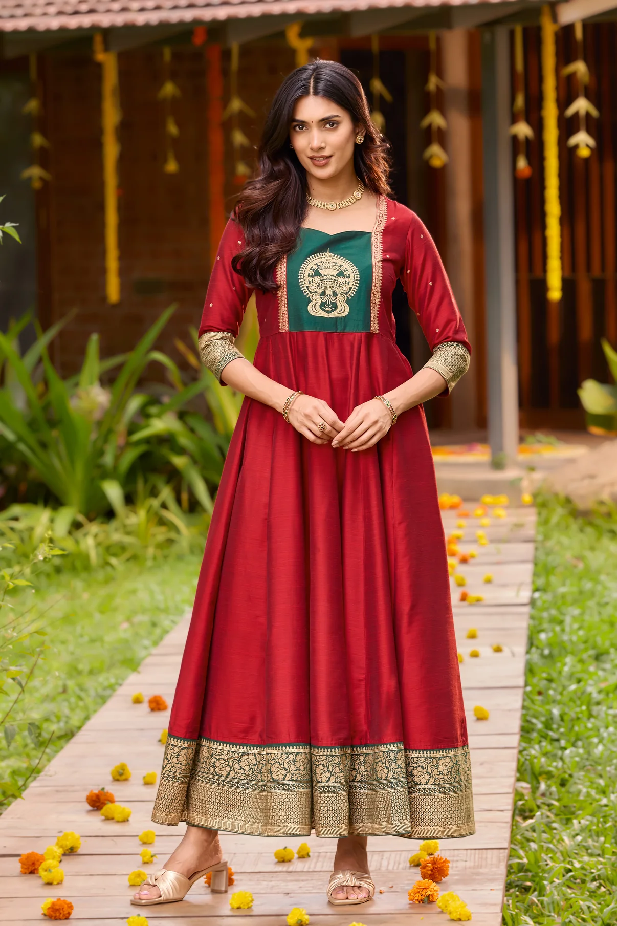 Red & Green Kathakali Embroidered Anarkali