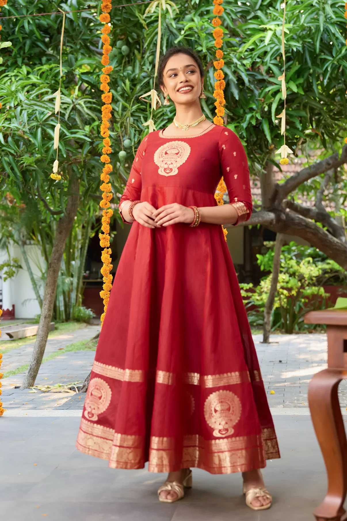 Woven Kathakali Red Anarkali with Applique Yoke