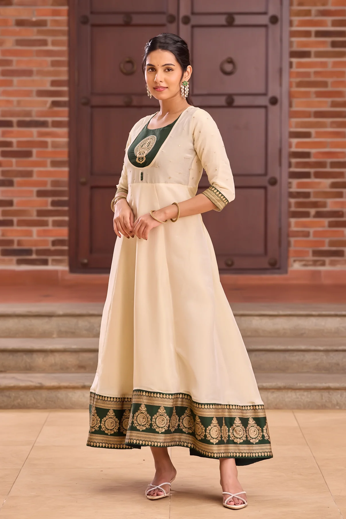 Green & Off-White Kathakali Embroidered Anarkali
