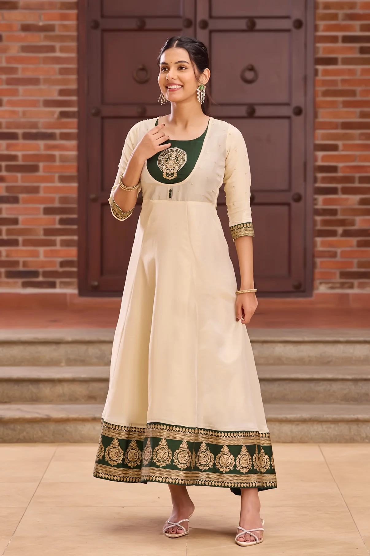 Green & Off-White Kathakali Embroidered Anarkali