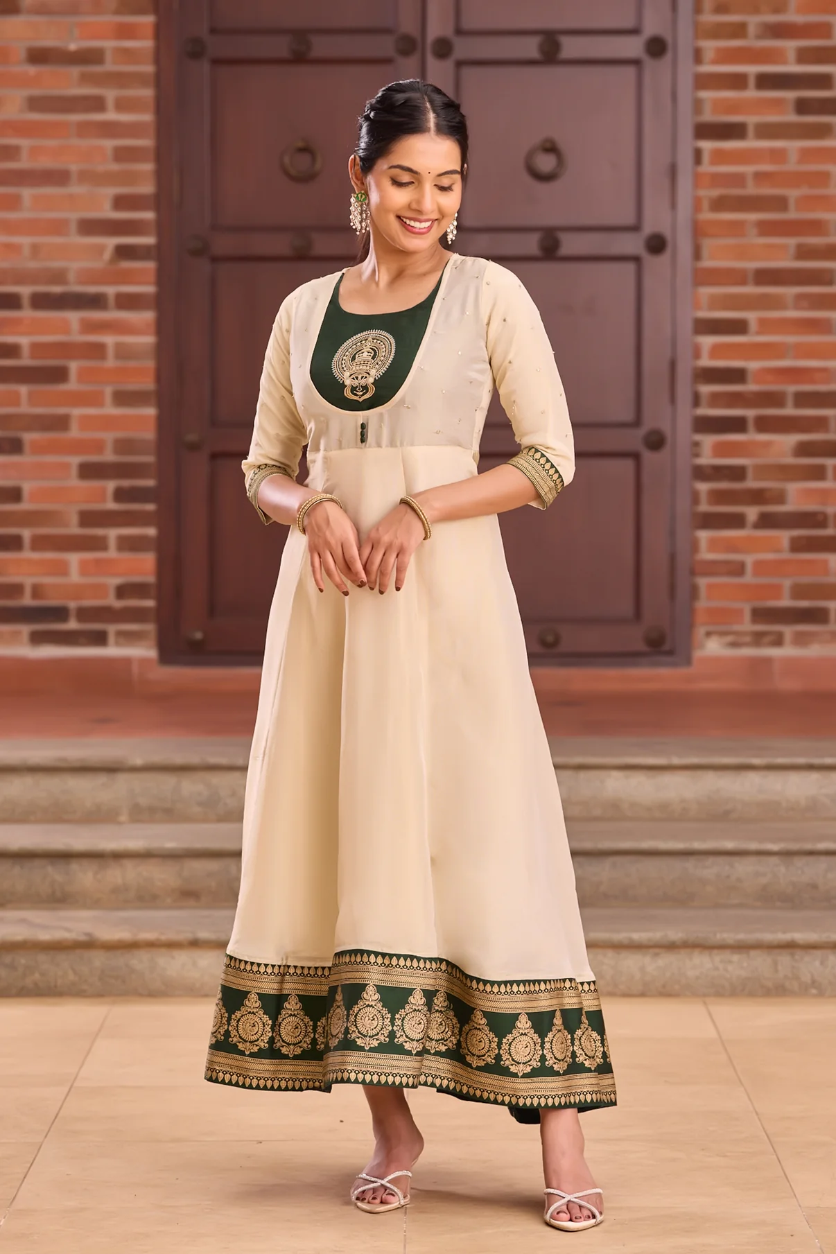 Green & Off-White Kathakali Embroidered Anarkali