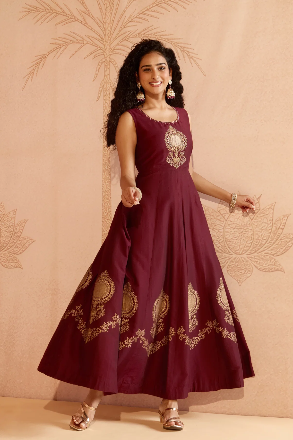 Vaalkannadi Applique Embroidered Wine Raw Silk Anarkali
