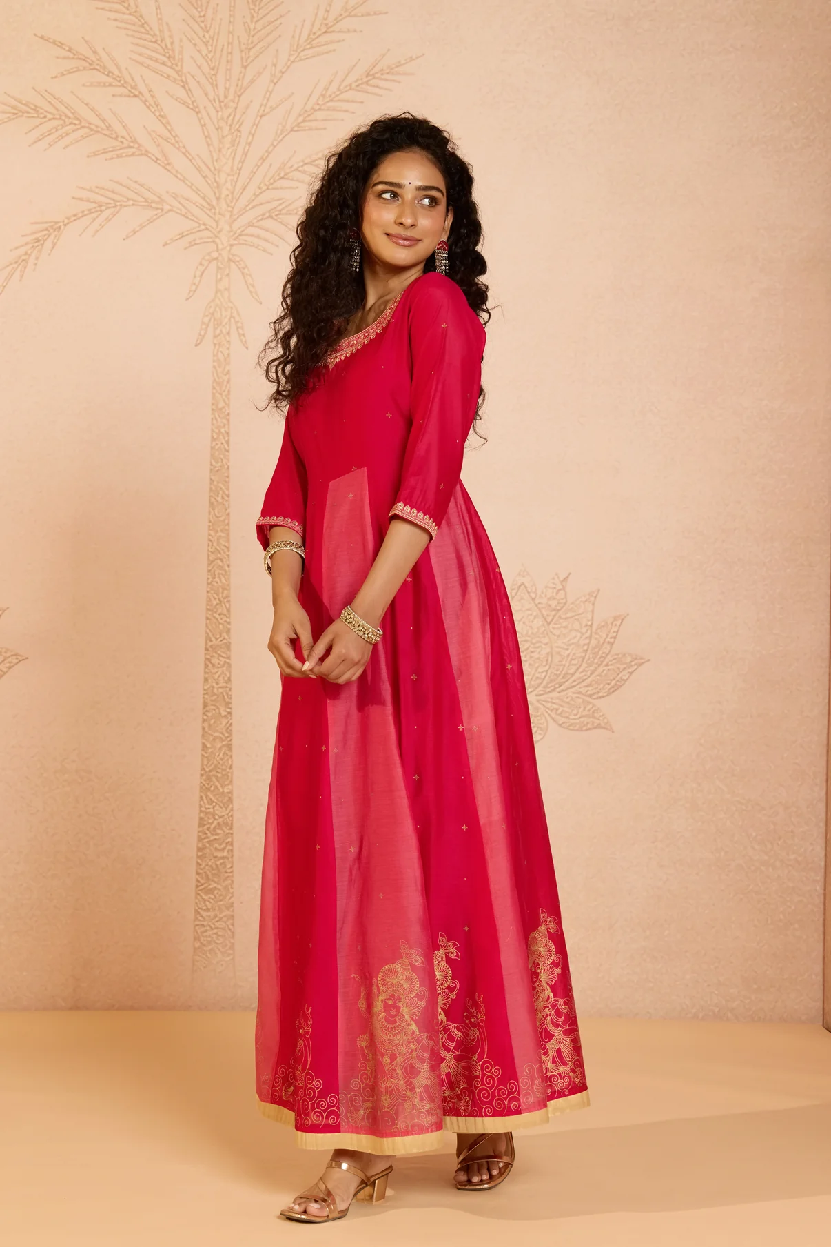 Pink Mural Printed Chanderi Anarkali