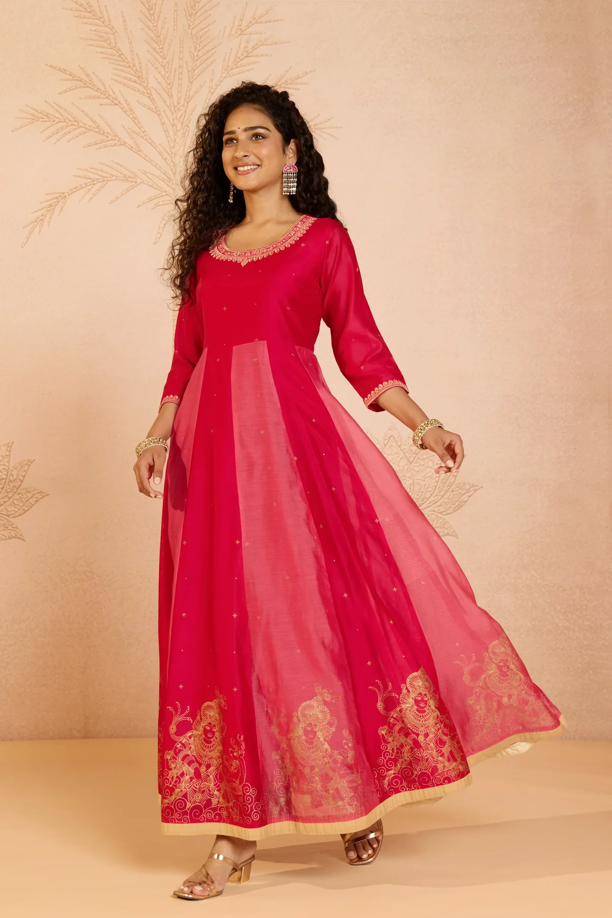 Pink Mural Printed Chanderi Anarkali