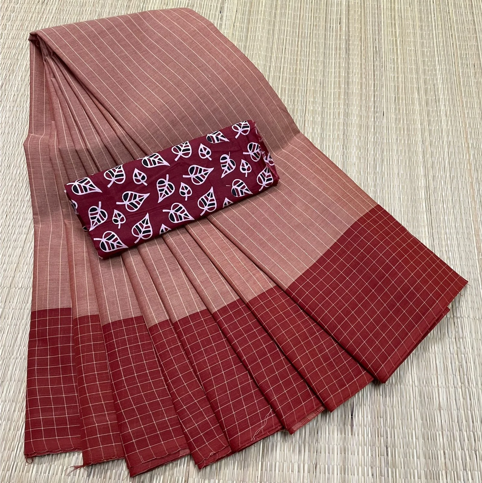 Pure Cotton Checked Lines Saree with Kalamkari Blouse