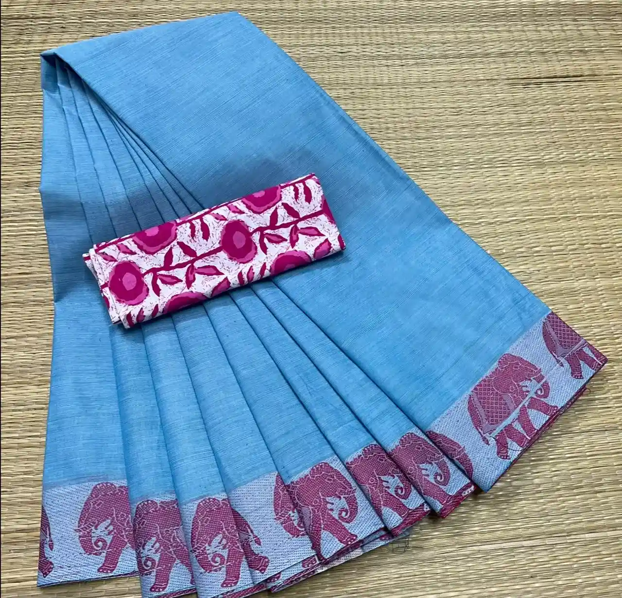 Premium Pure Cotton Elephant Design Saree with Kalamkari Blouse