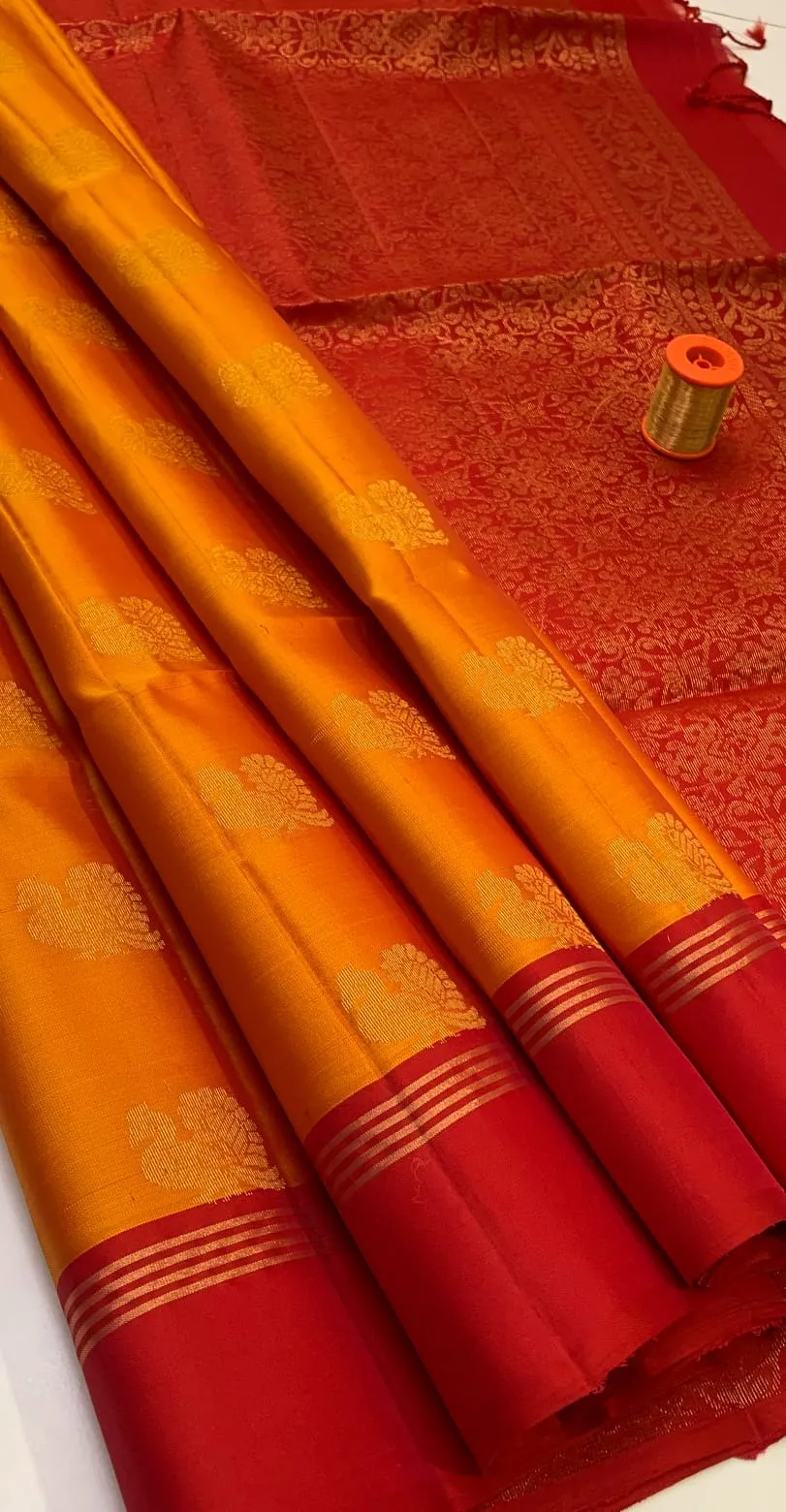 Orange Red Kanchi Soft Silk Contrast Butta Saree