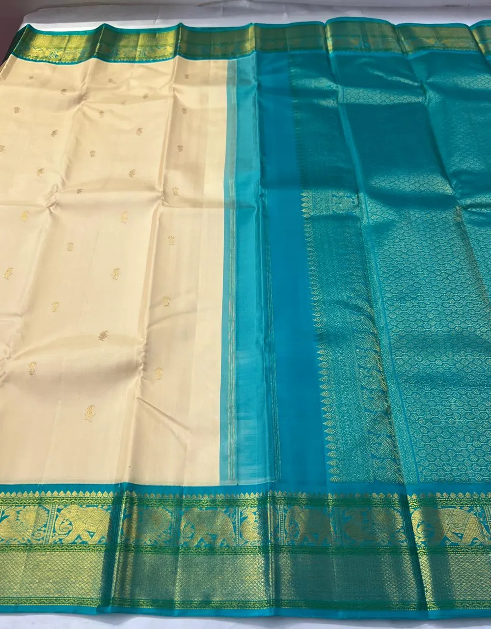 Cream Turquoise Kanchipuram Bridal Silk Saree