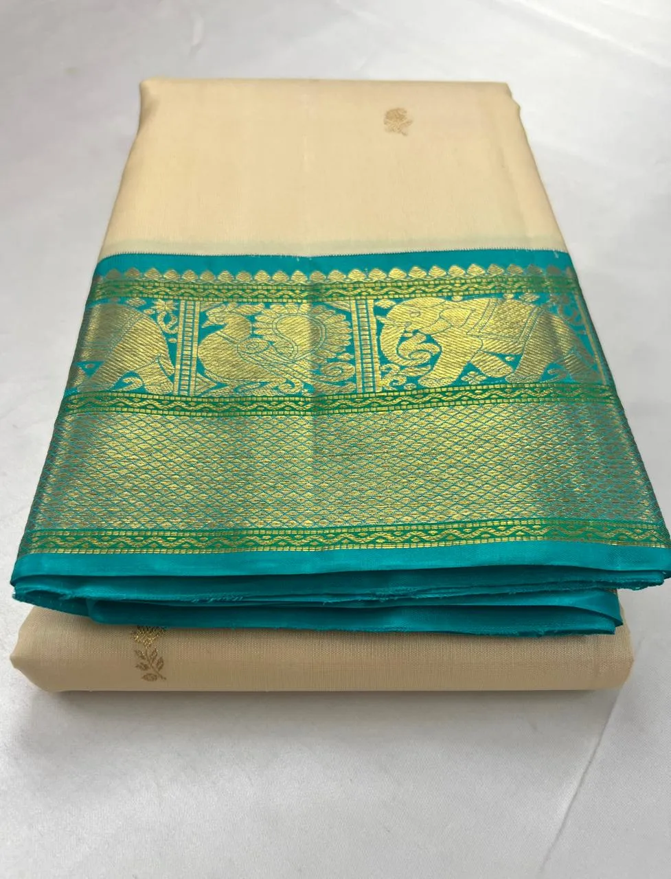 Cream Turquoise Kanchipuram Bridal Silk Saree