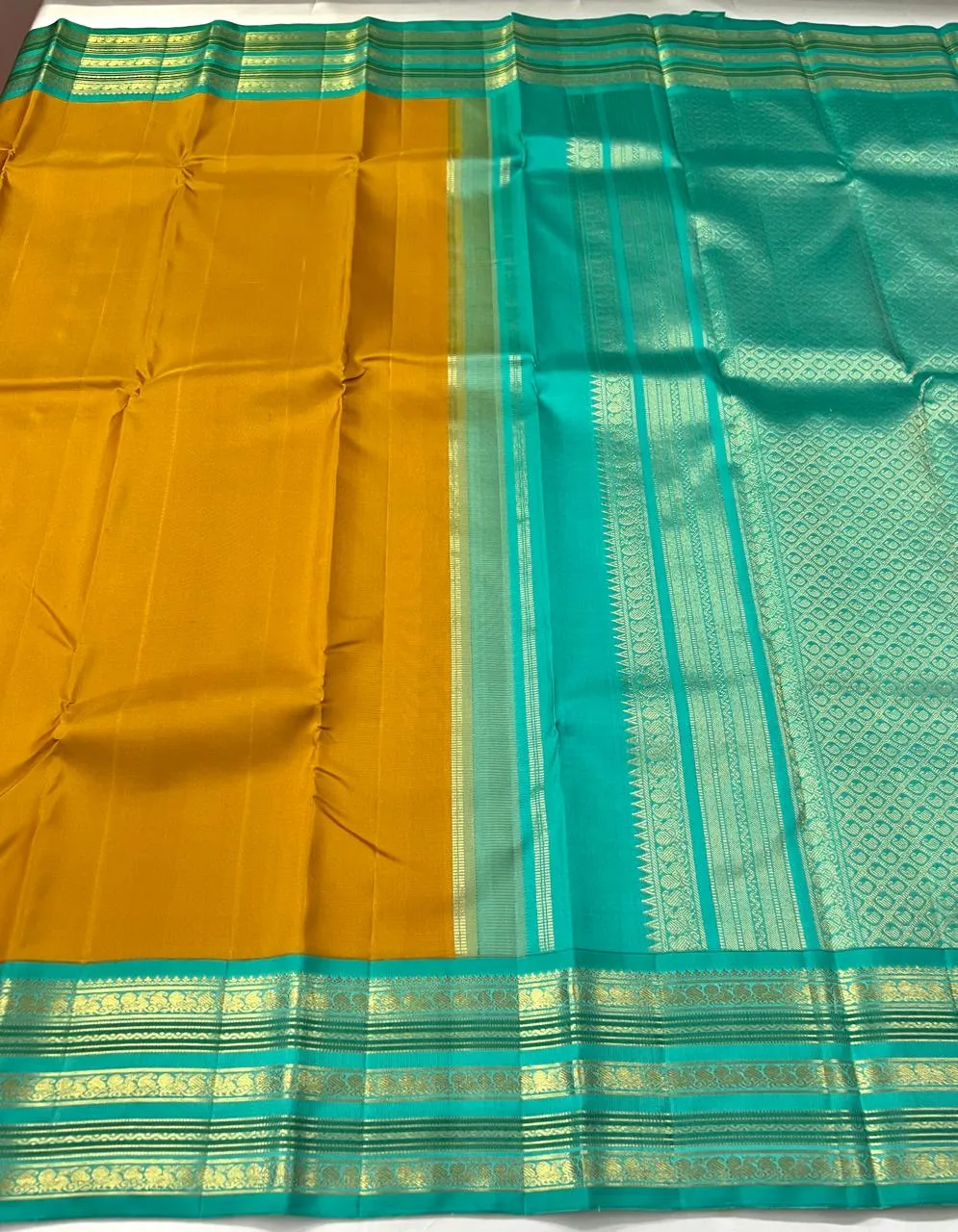 Mustard Gold Turquoise Kanchipuram Bridal Silk Saree