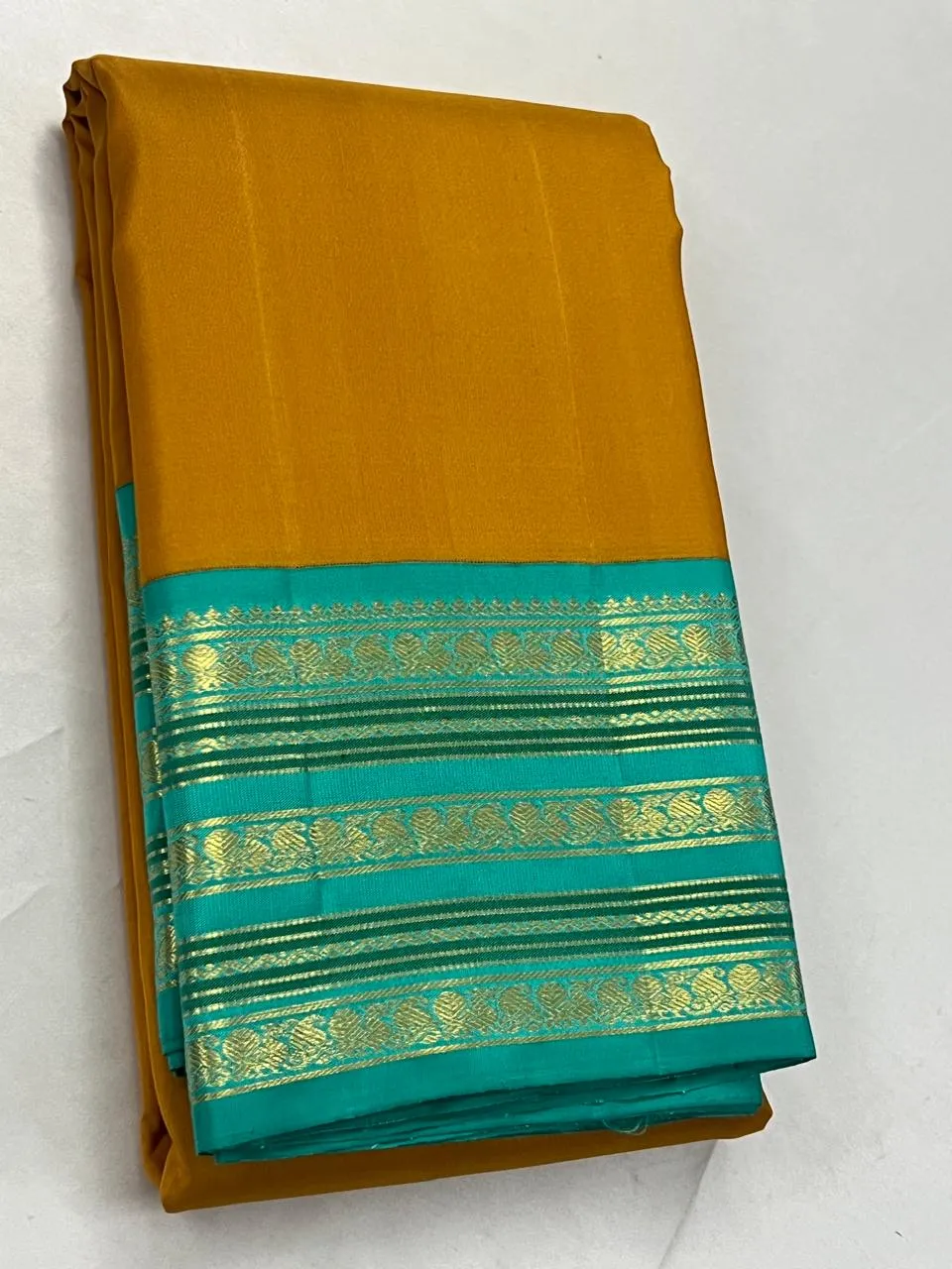 Mustard Gold Turquoise Kanchipuram Bridal Silk Saree