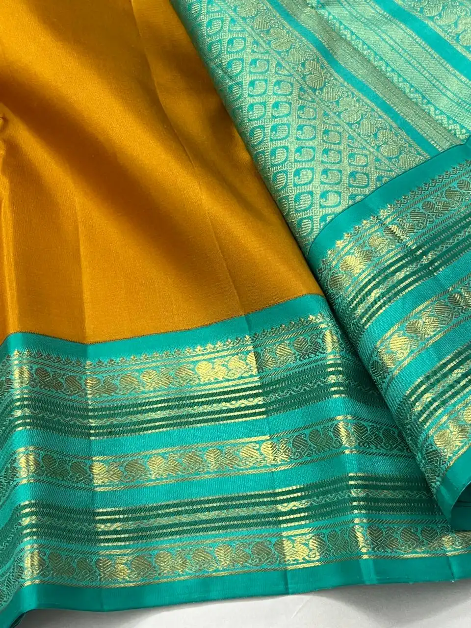 Mustard Gold Turquoise Kanchipuram Bridal Silk Saree