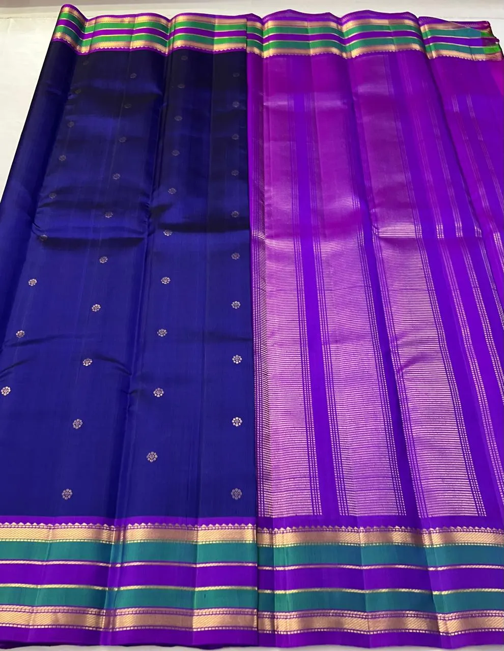 Deep Violet Emerald Stripe Butta Kanchipuram Bridal Silk Saree
