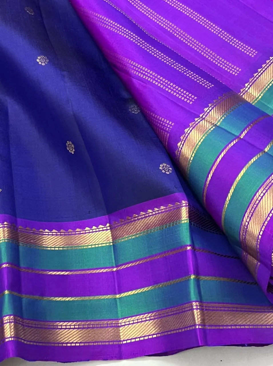 Deep Violet Emerald Stripe Butta Kanchipuram Bridal Silk Saree