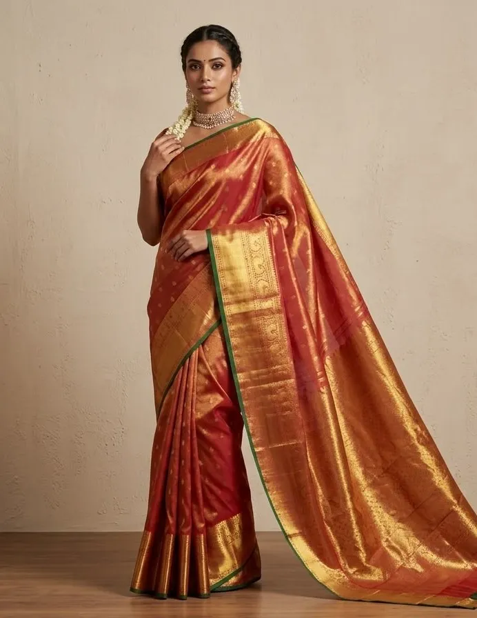Kanchipuram Vathuvai Gold Tissue Peacock Butta Silk Saree
