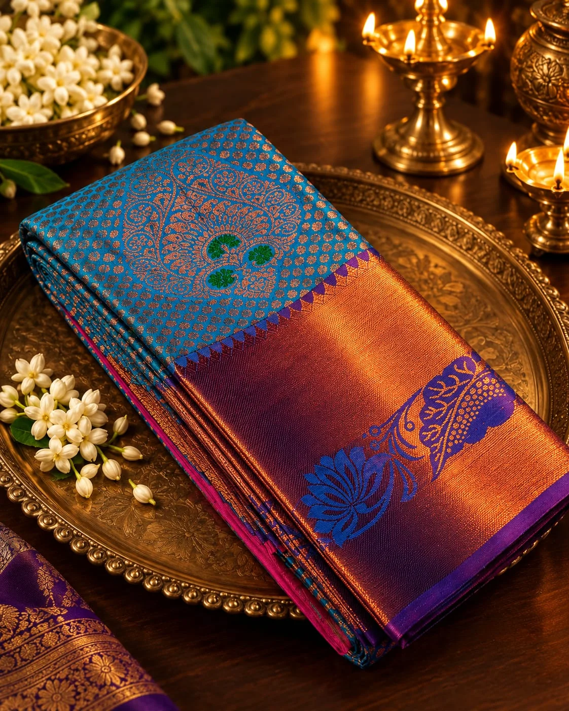 Peacock Design Korvai Kootanji Jacquard Floral Zari Woven Reshma Silk