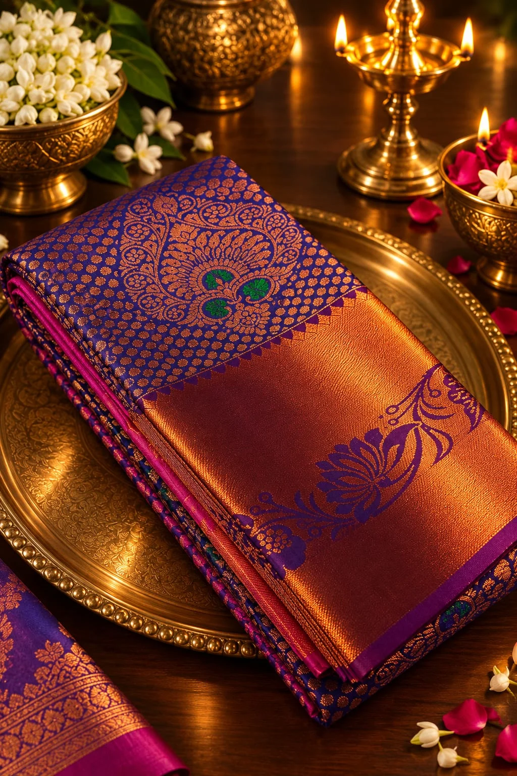 Peacock Design Korvai Kootanji Jacquard Floral Zari Woven Reshma Silk