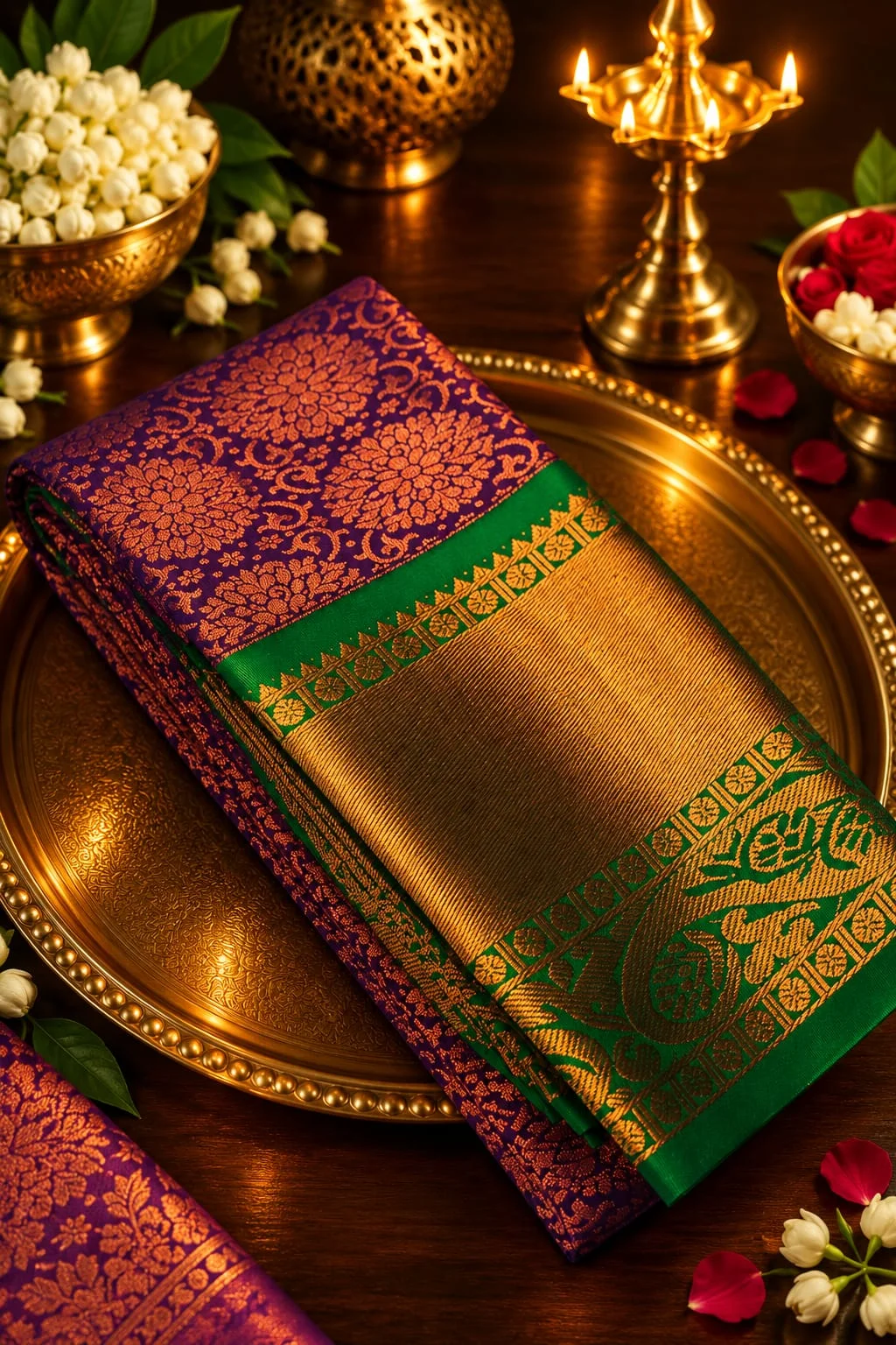 Premium Korvai Kootanji Jacquard Floral Zari Woven Reshma Silk