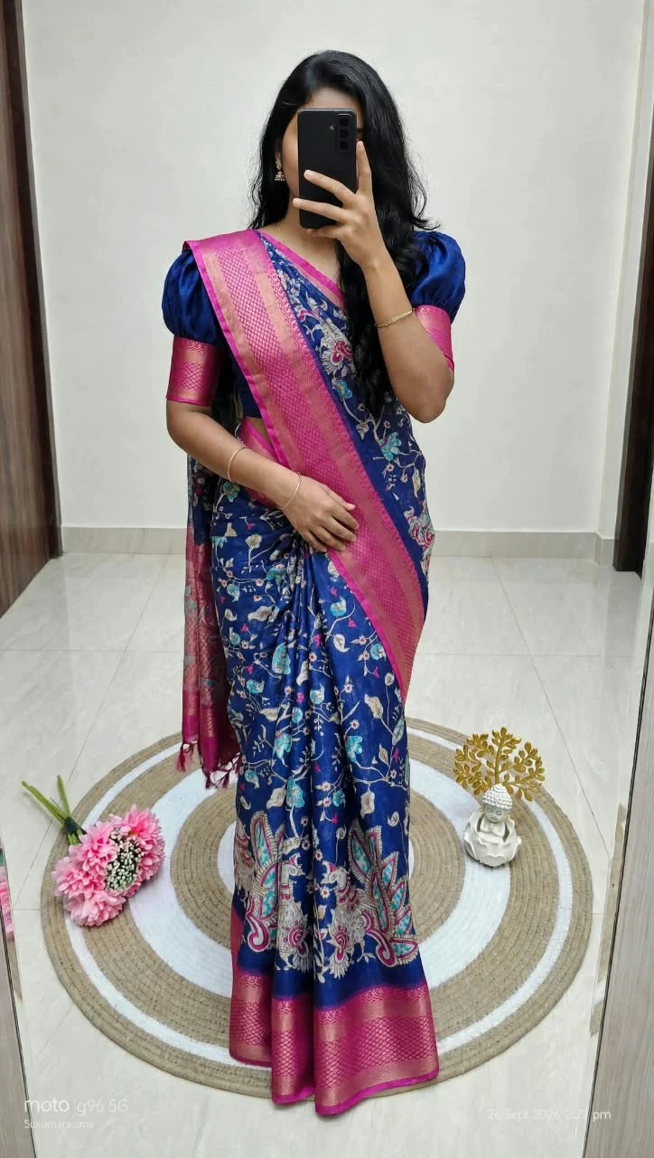 Kalamkari Floral Design Dola Silk Saree