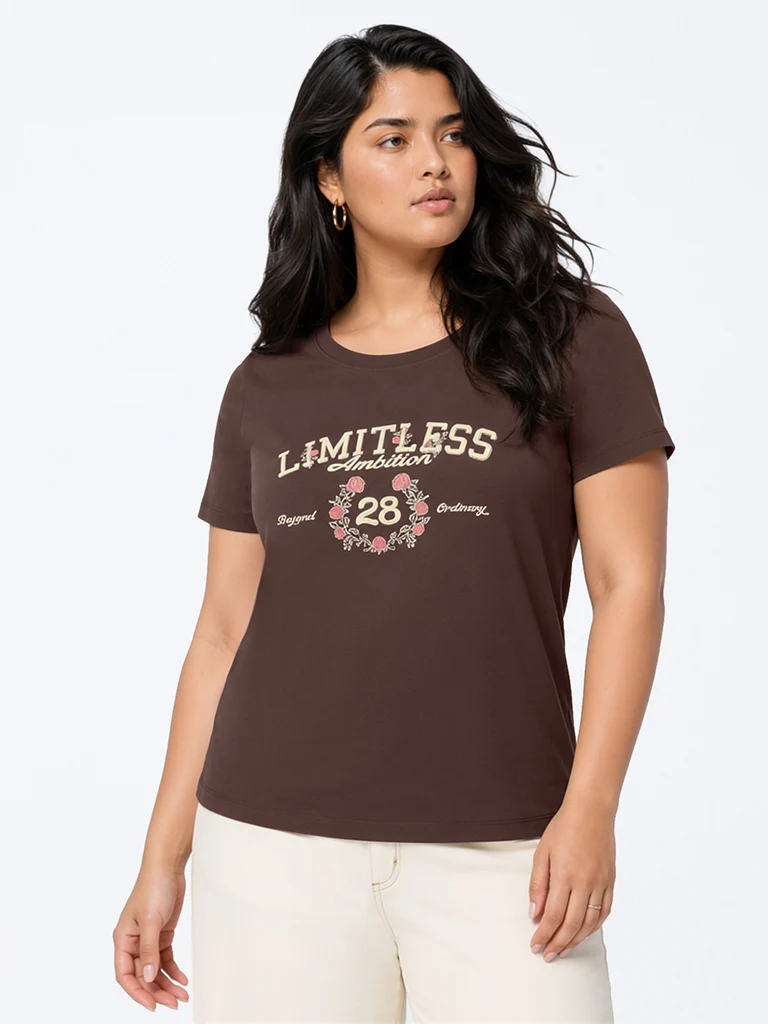 Gia Dark Brown Typography Cotton T-Shirt