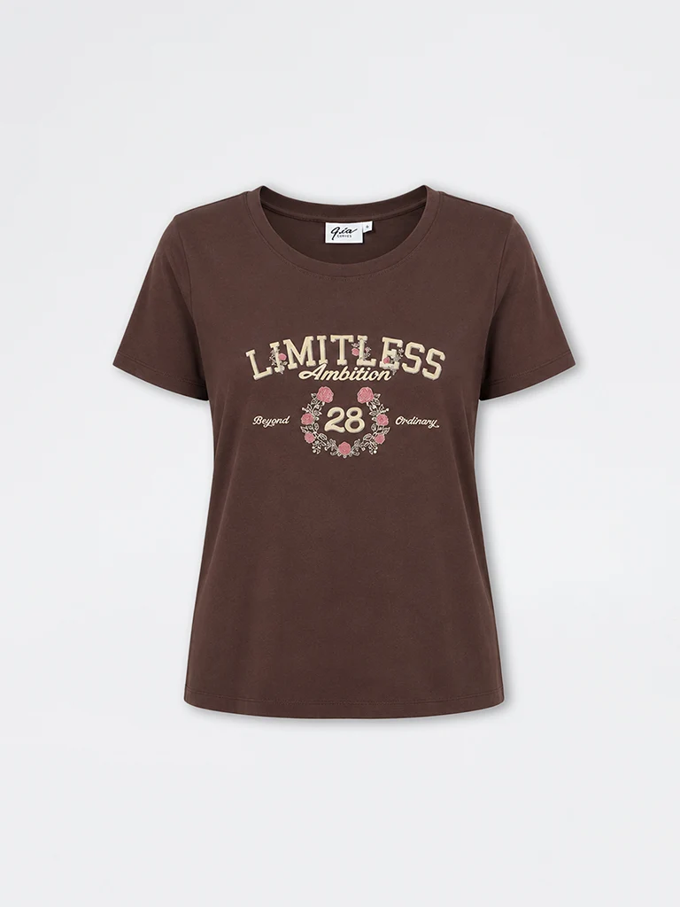 Gia Dark Brown Typography Cotton T-Shirt