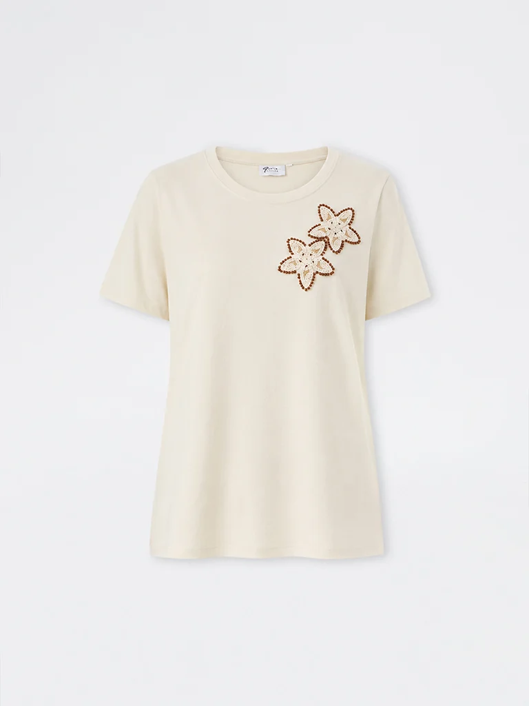 Gia Light Beige Floral Embroidered Cotton T-Shirt