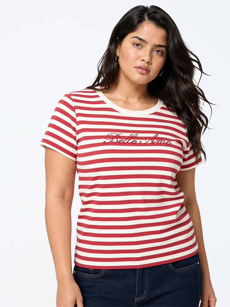 Gia Red and White Striped Cotton-Blend T-Shirt