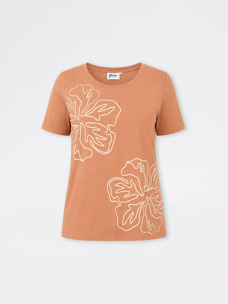 Gia Orange Floral Printed Cotton T-Shirt