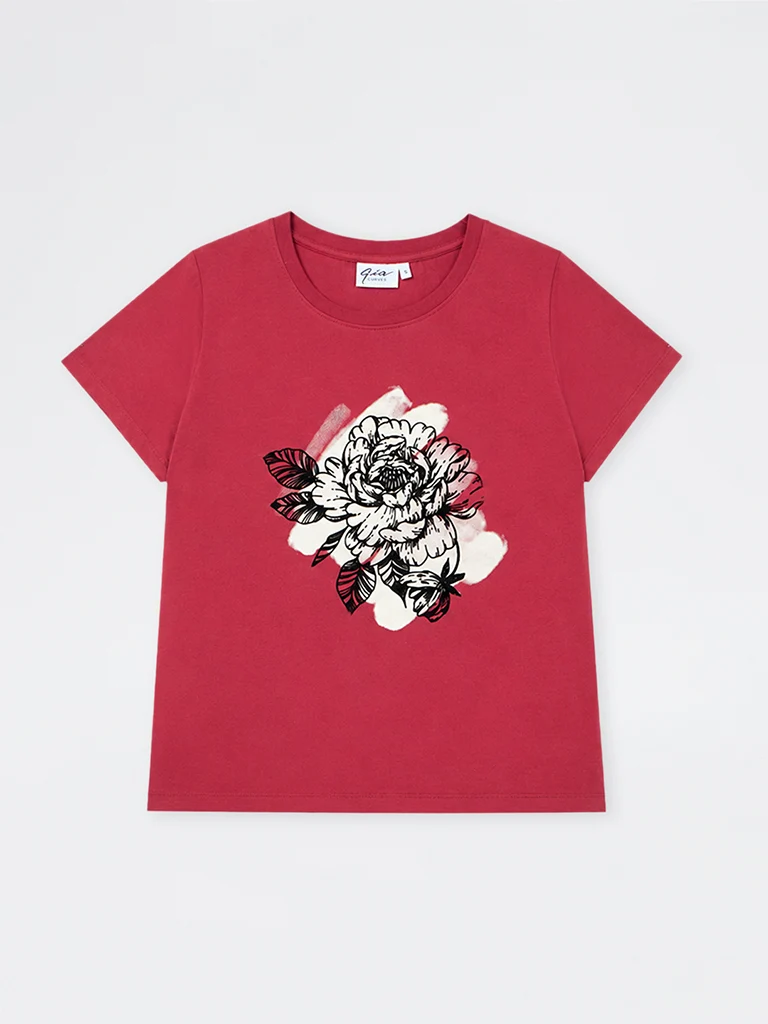 Gia Red Floral Printed Cotton T-Shirt