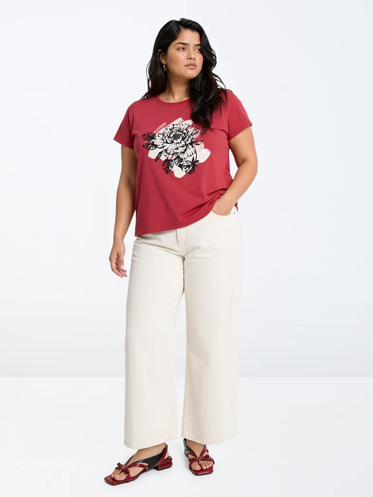 Gia Red Floral Printed Cotton T-Shirt
