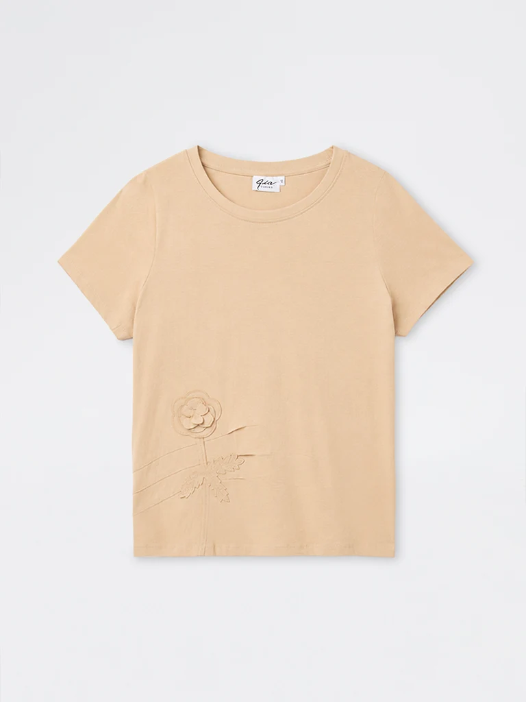 Gia Beige Floral Embroidered Cotton T-Shirt