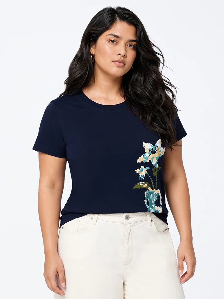 Gia Navy Floral Printed Cotton T-Shirt