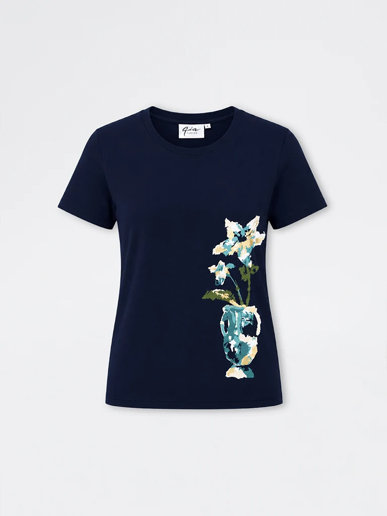 Gia Navy Floral Printed Cotton T-Shirt
