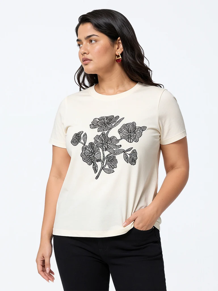 Gia Off-White Floral Printed Cotton T-Shirt