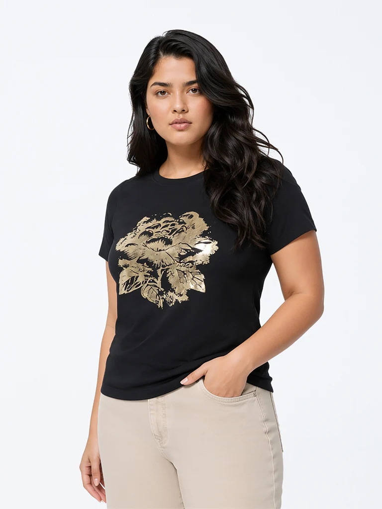 Gia Black Floral Design Cotton T-Shirt