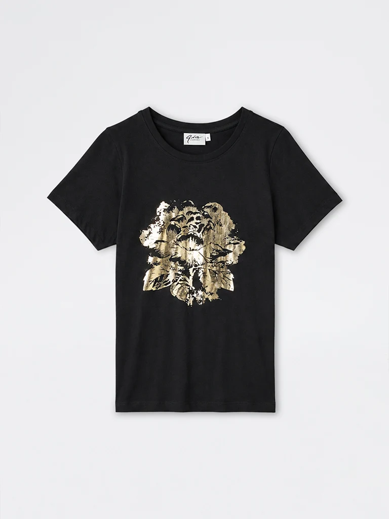 Gia Black Floral Design Cotton T-Shirt