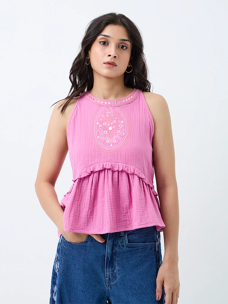 Bombay Paisley Pink Embroidered Halter-Neck Cotton Top