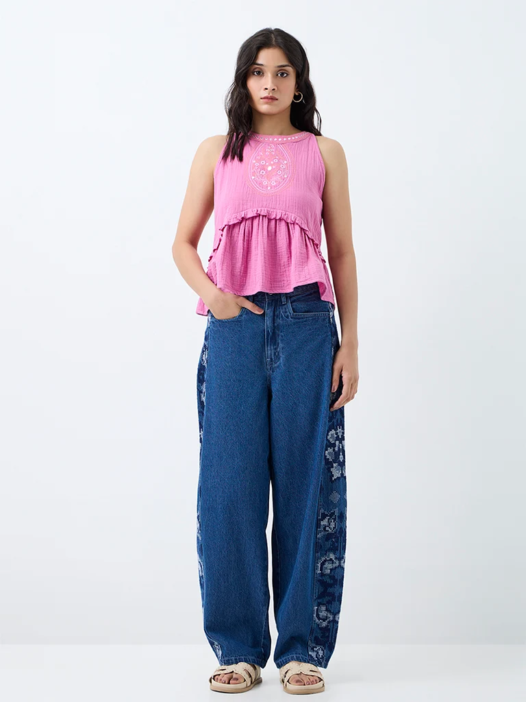 Bombay Paisley Pink Embroidered Halter-Neck Cotton Top