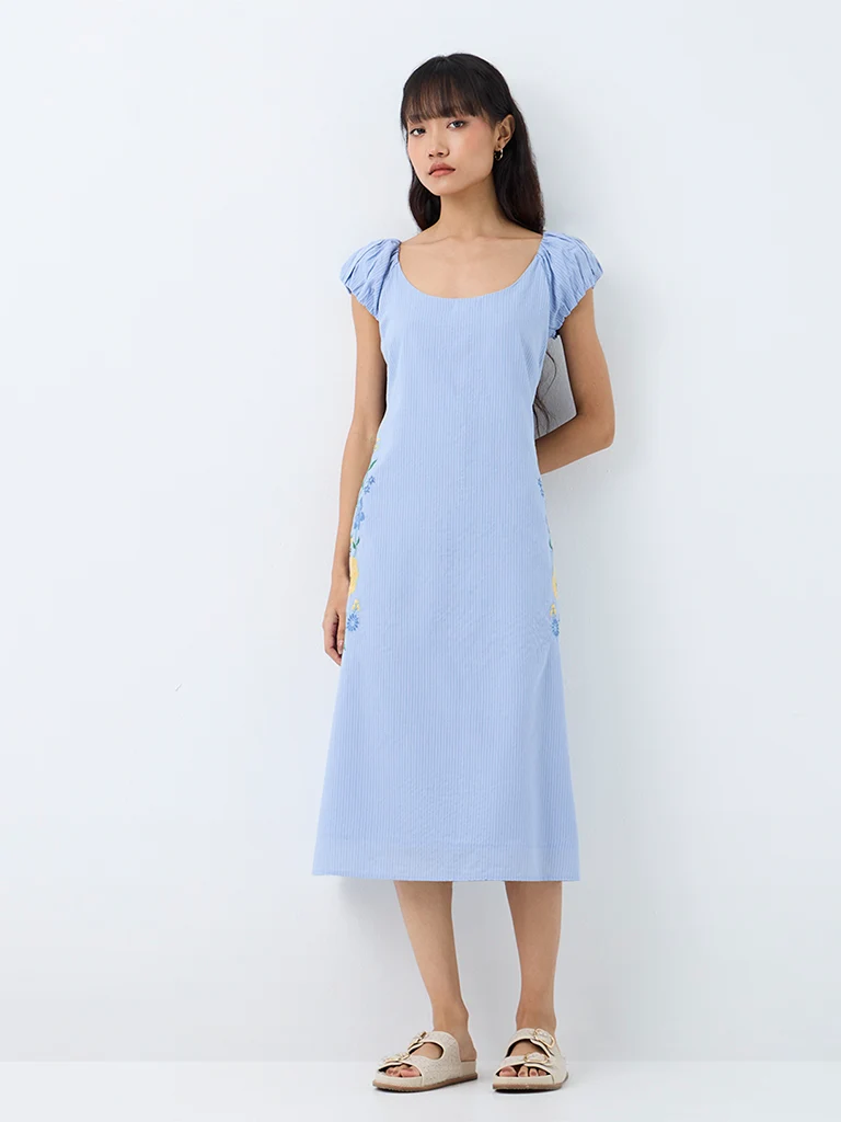 Bombay Paisley Light Blue Striped A-Line Cotton Dress
