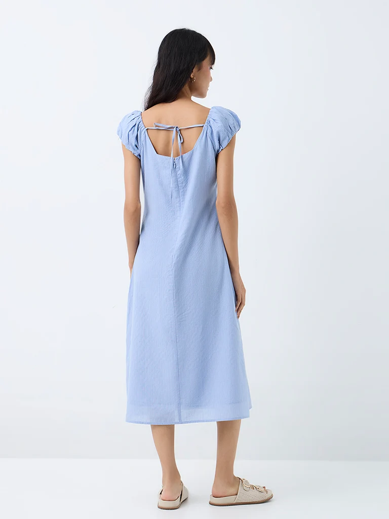 Bombay Paisley Light Blue Striped A-Line Cotton Dress